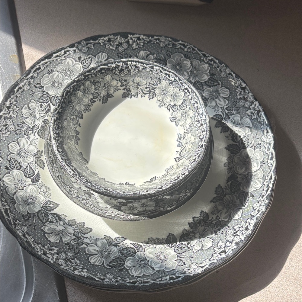 Classic Floral Black and White Dinnerware Set - 2-Piece Bowl & Plate & saucers